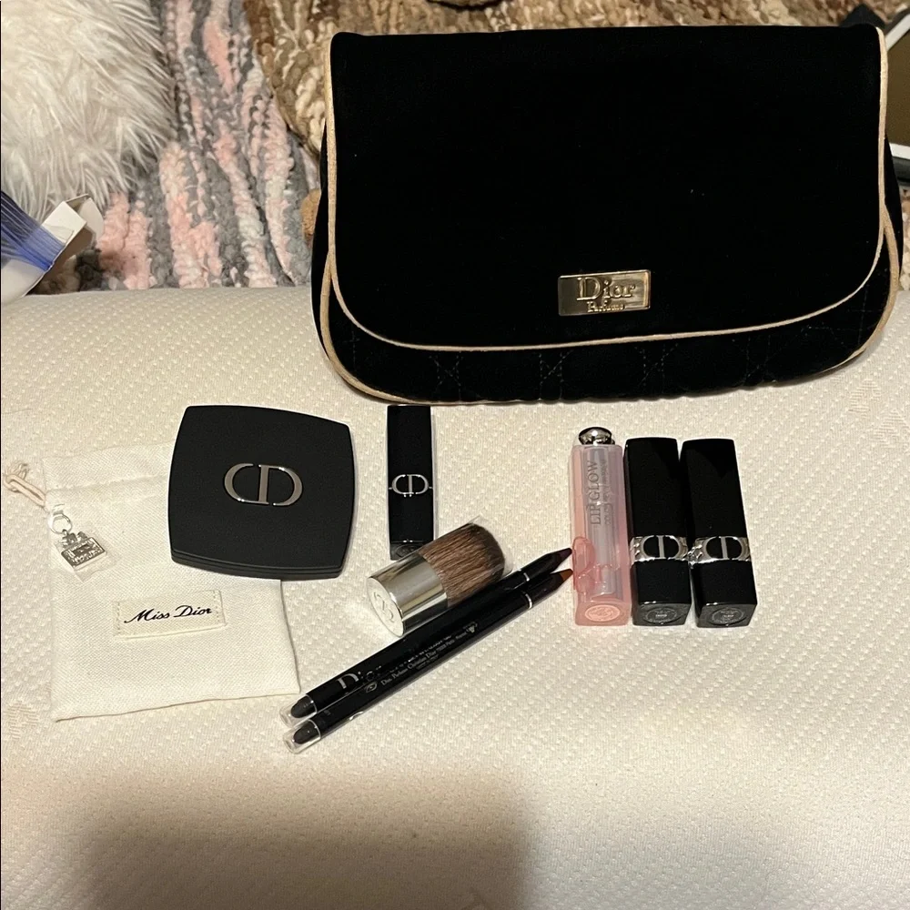 Dior Black Makeup Bag w/gold trim 4 lipsticks 2 eyeliners mirror makeup brush - Picture 1 of 12
